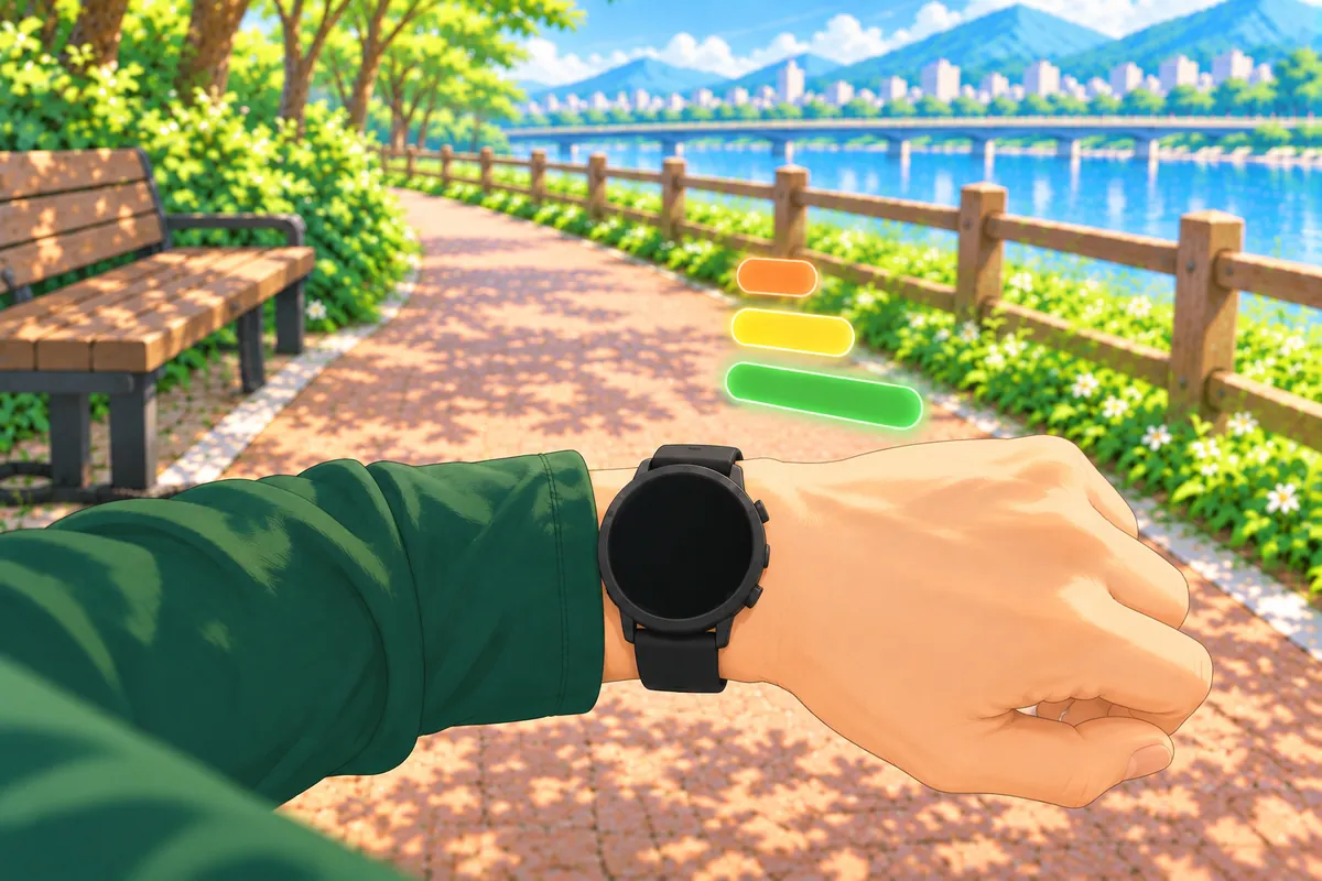 산책로에서 멈춰 손목의 러닝 시계를 보는 모습, 시계 옆에 초록·노랑·주황 세 가지 막대