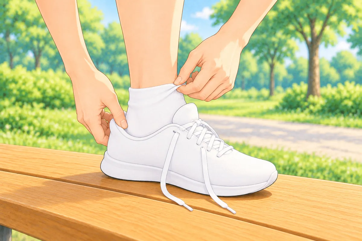 공원 산책로 옆 나무 벤치에 흰 러닝화를 신은 발을 올려 두고, 한 손으로 신발 뒤꿈치를 잡고 다른 손으로 흰 발목 양말의 주름을 펴는 모습, 신발 끈은 아직 묶지 않고 풀어 둔 채