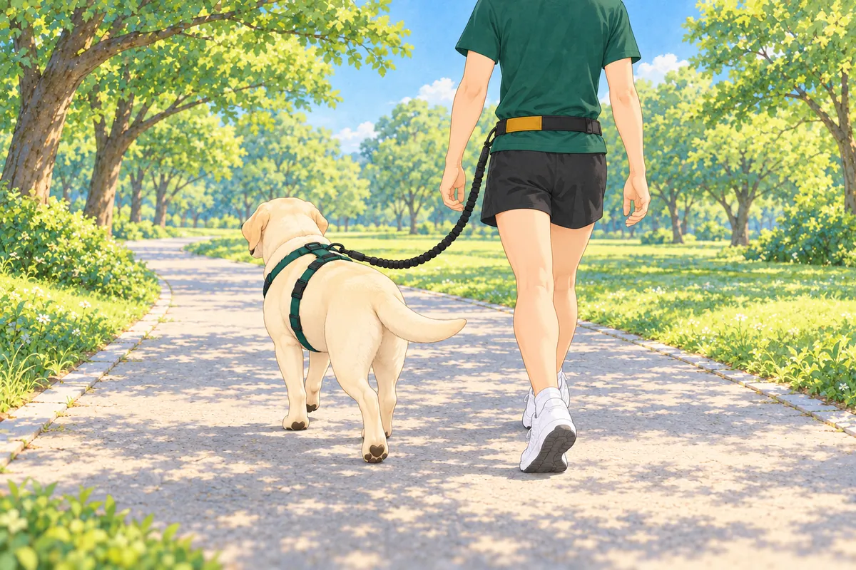 나무가 늘어선 공원 산책로에서 진한 초록색 셔츠와 검은 반바지 차림의 사람이 어깨와 팔을 늘어뜨린 채 천천히 걷고, 그 왼쪽에서 크림색 래브라도 몰리가 초록 가슴줄과 허리 벨트를 잇는 짧은 검은 줄에 매여 나란히 걷는 뒷모습
